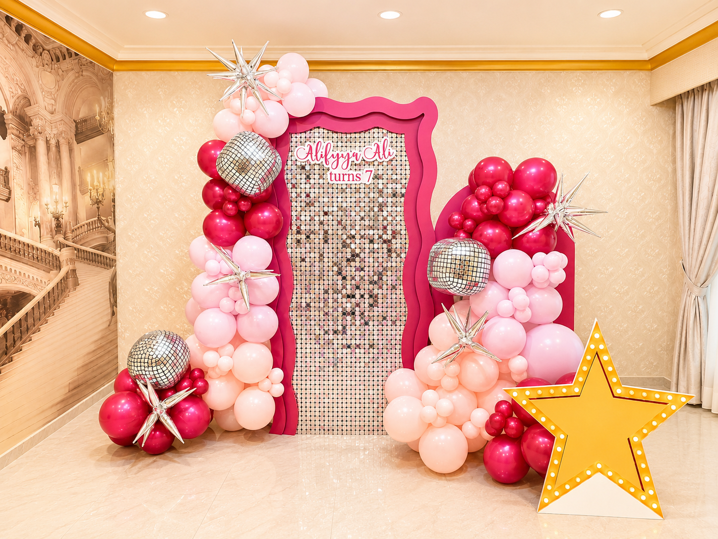 Pink disco birthday setup